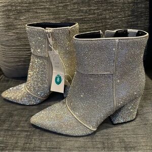 Silver Rhinestone Ankle Booties with Block Heel - Women's
